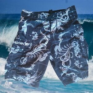 Hurley BOY'S Black and White Graphic SERPENT Board Shorts TRUNKS SWIM